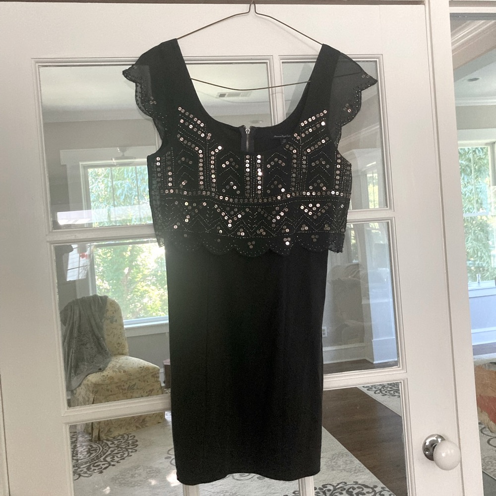 NWT Sz S American Eagle Outfitters Sequin and Bead Black Dress.